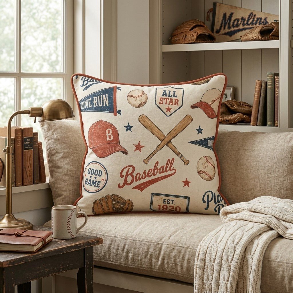 Vintage Baseball Pattern Throw Pillow - Hillcroft Home