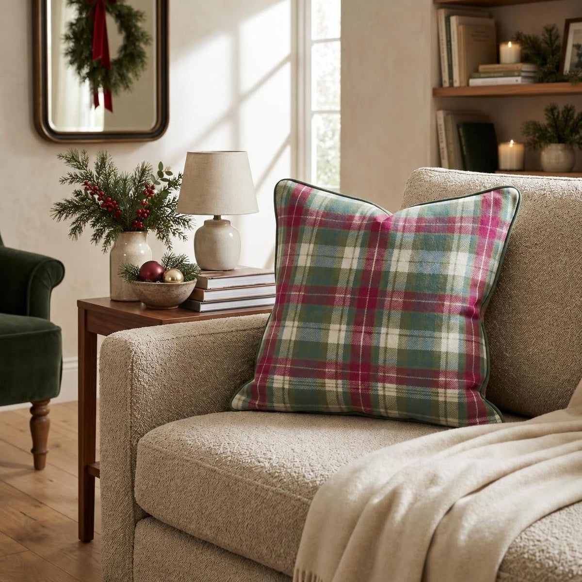 Vintage Christmas Plaid Throw Pillow throw pillow - Hillcroft Home