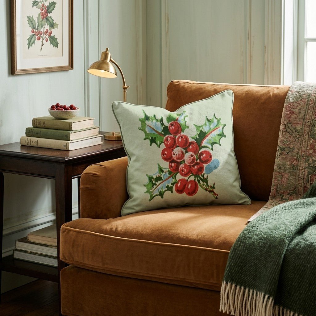 Vintage Holly Cluster Throw Pillow - Hillcroft Home