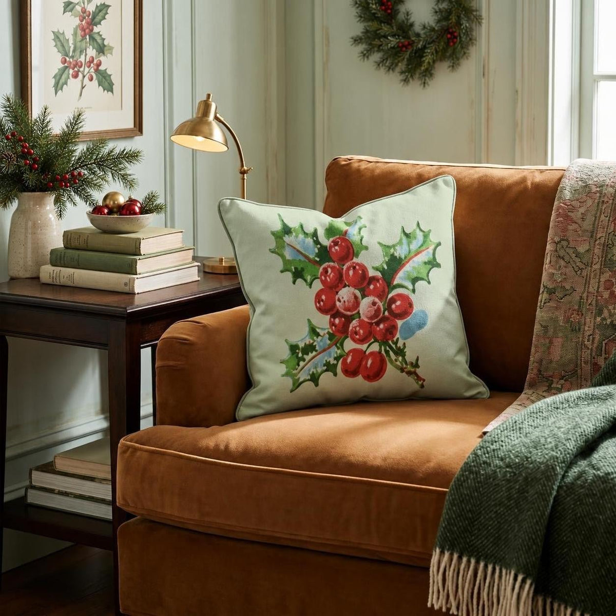 Vintage Holly Cluster Throw Pillow throw pillow - Hillcroft Home