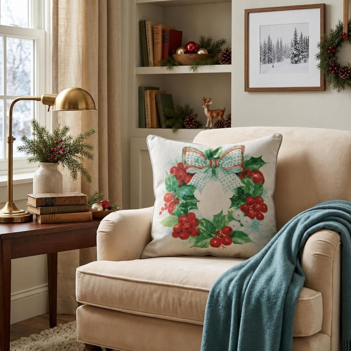 Vintage Mistletoe Berry Wreath Throw Pillow throw pillow - Hillcroft Home