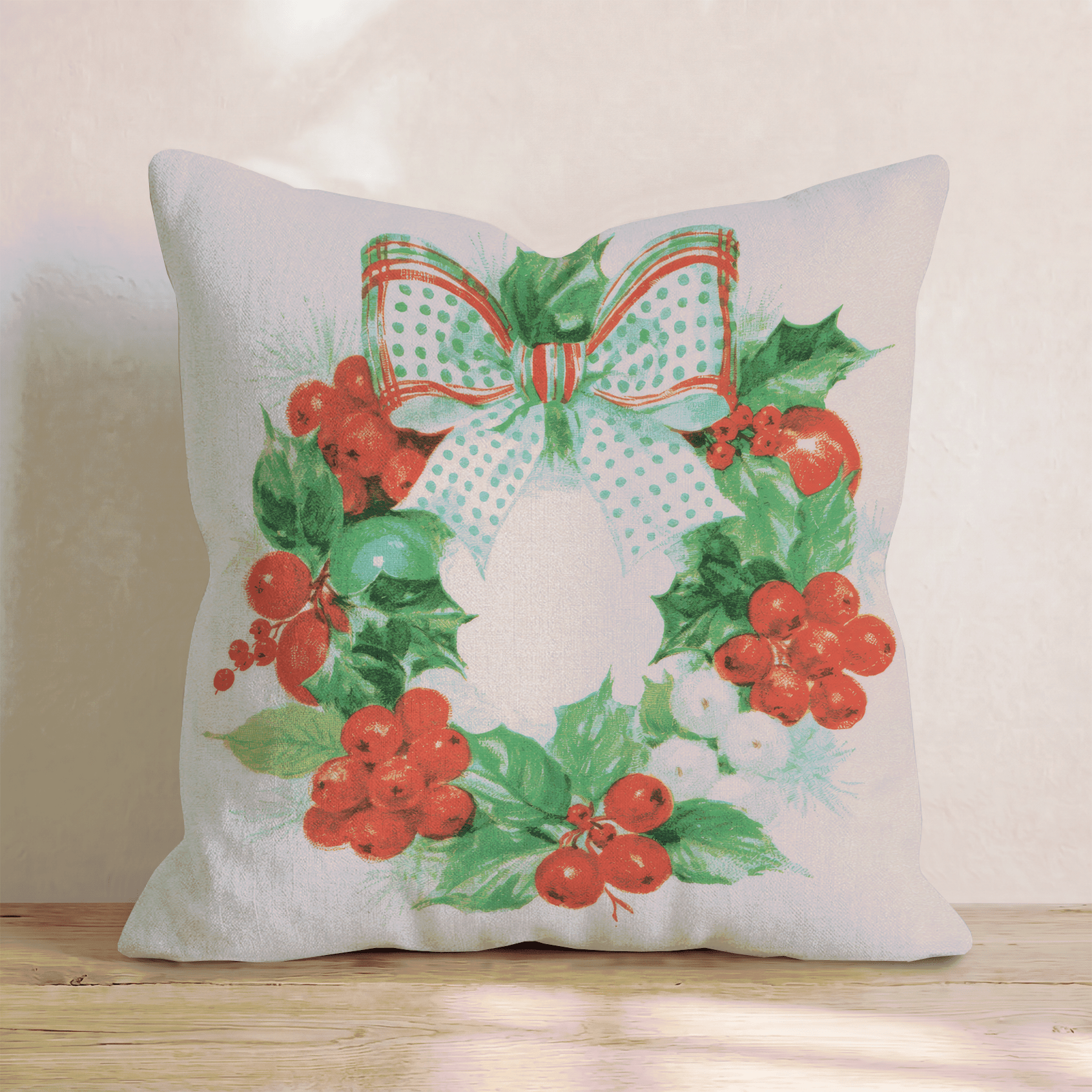 Vintage Mistletoe Berry Wreath Throw Pillow - Hillcroft Home