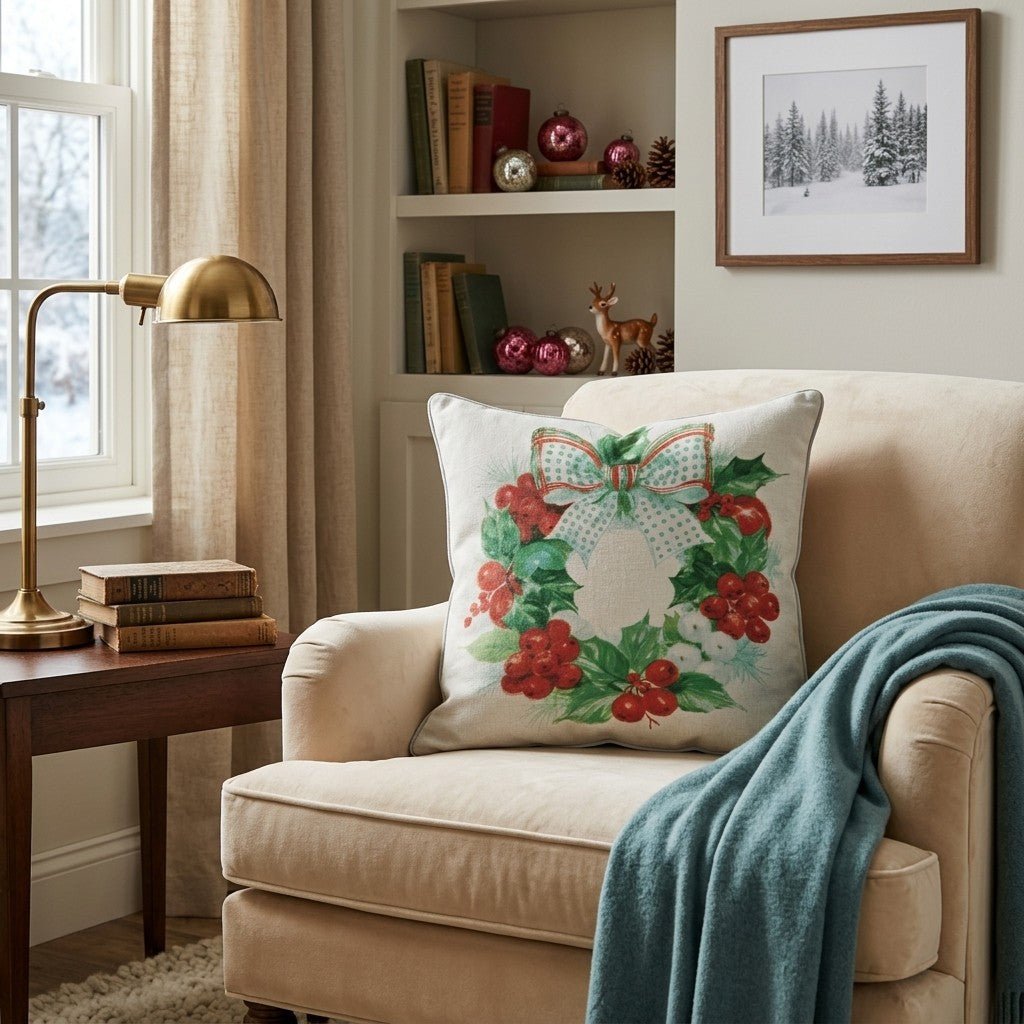 Vintage Mistletoe Berry Wreath Throw Pillow - Hillcroft Home