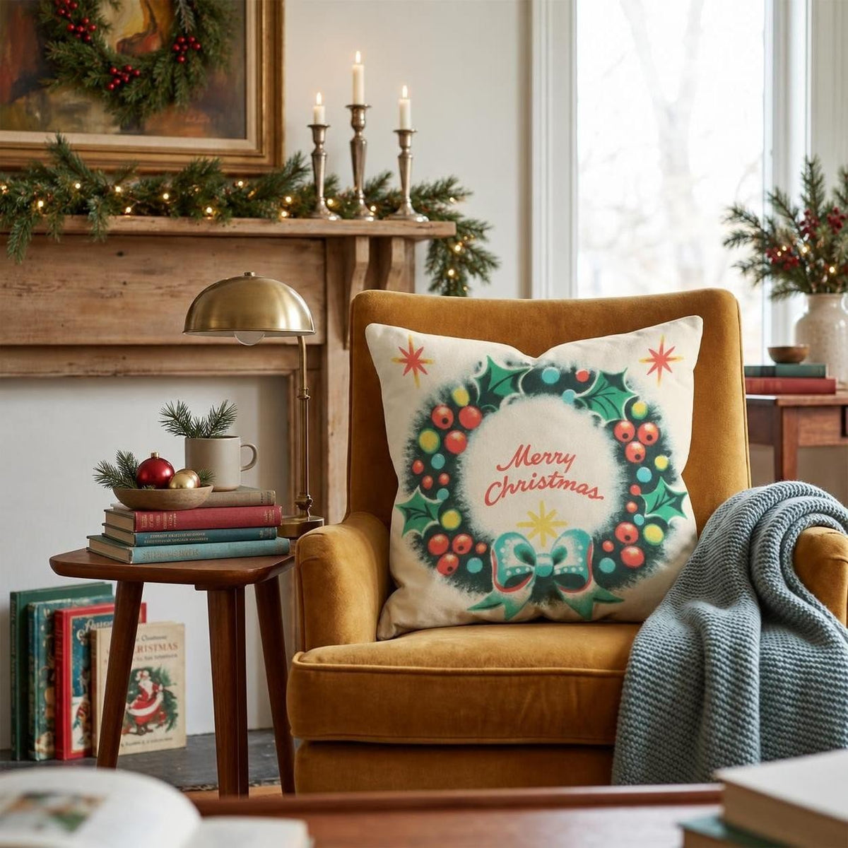 Vintage Plaid Berry Wreath Throw Pillow throw pillow - Hillcroft Home
