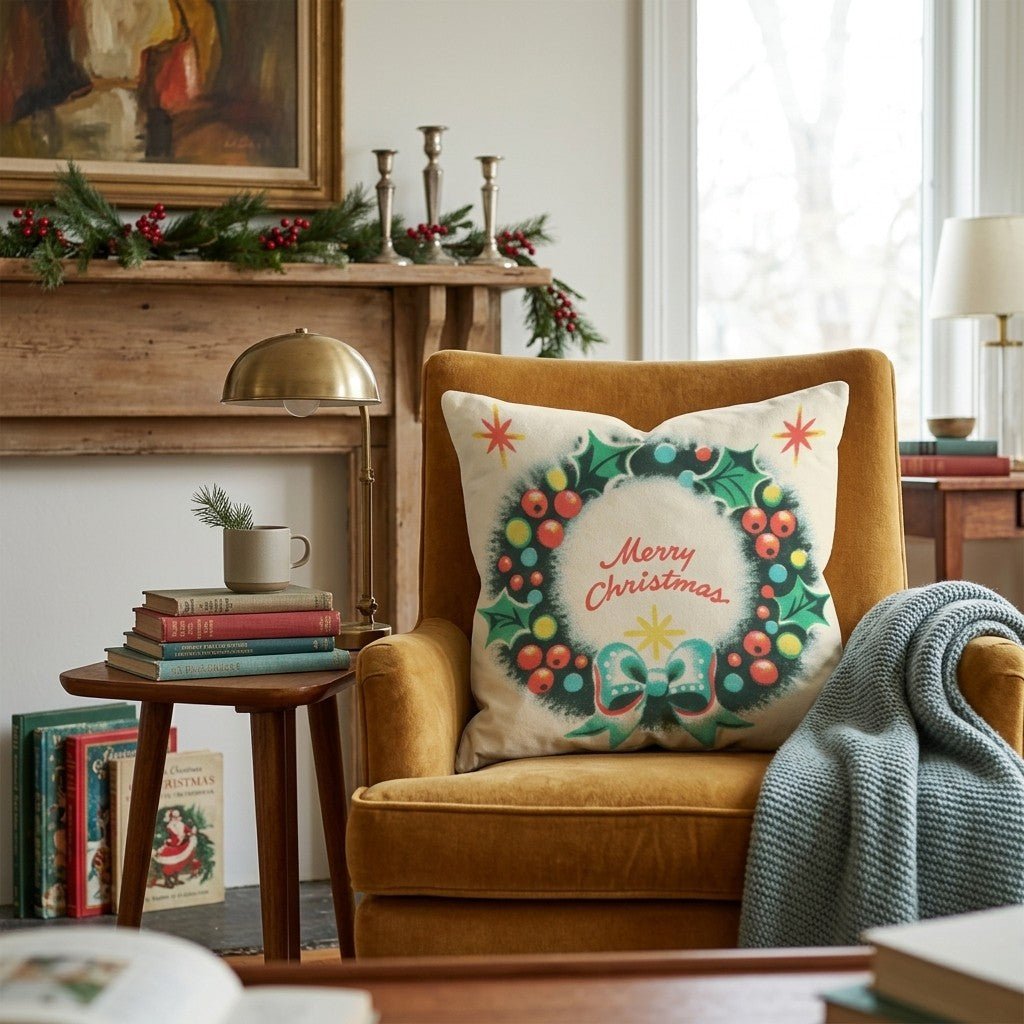 Vintage Plaid Berry Wreath Throw Pillow - Hillcroft Home
