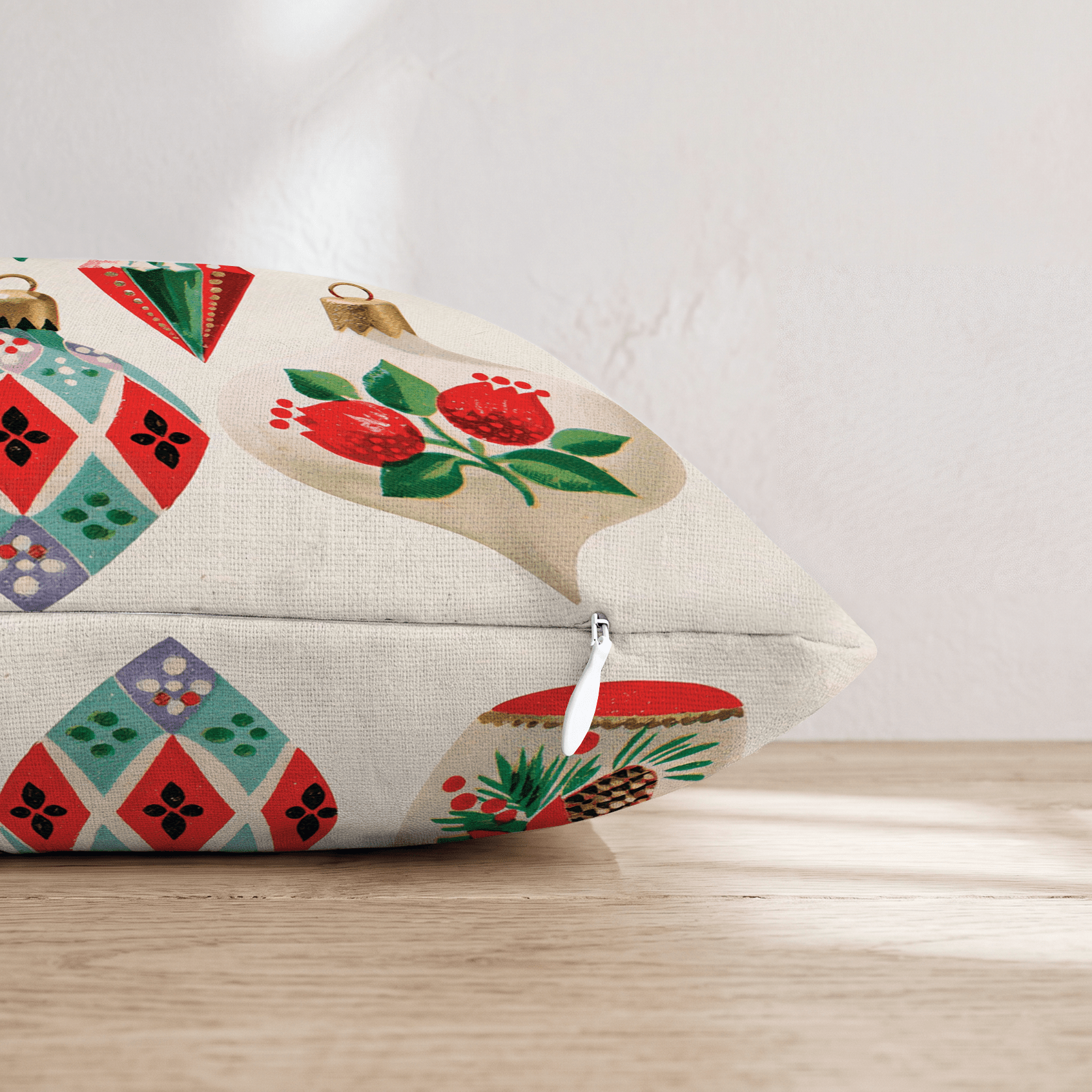 Vintage Poinsettia Ornaments Throw Pillow - Hillcroft Home