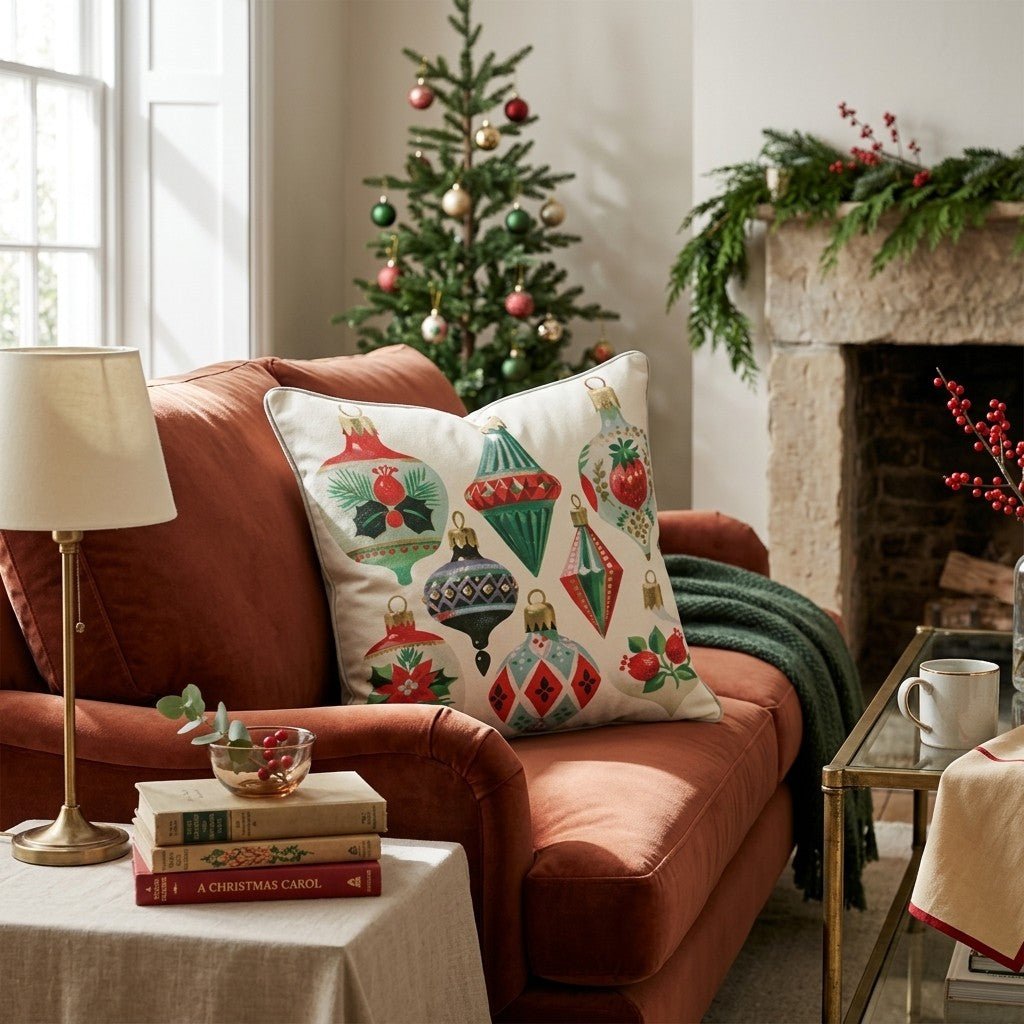Vintage Poinsettia Ornaments Throw Pillow - Hillcroft Home