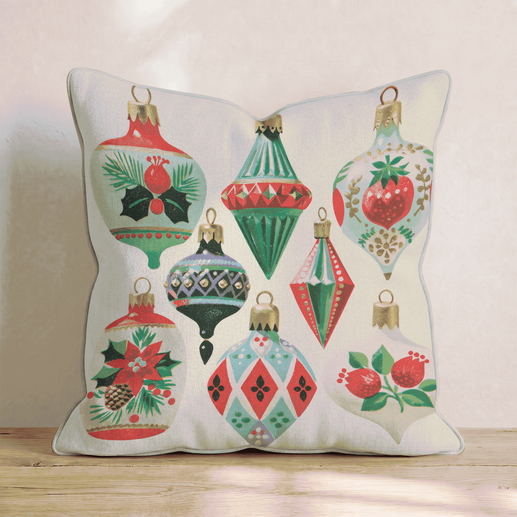 Vintage Poinsettia Ornaments Throw Pillow - Hillcroft Home
