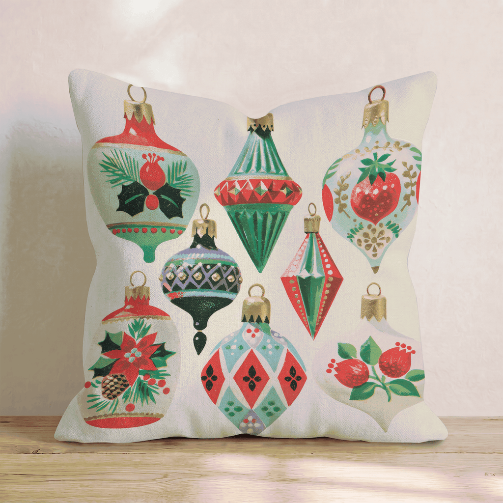 Vintage Poinsettia Ornaments Throw Pillow - Hillcroft Home