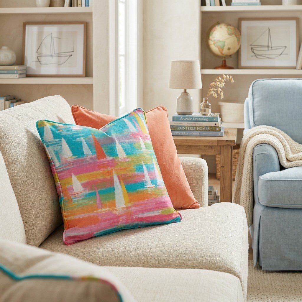 Watercolor Bliss Sailboats Throw Pillow - Hillcroft Home