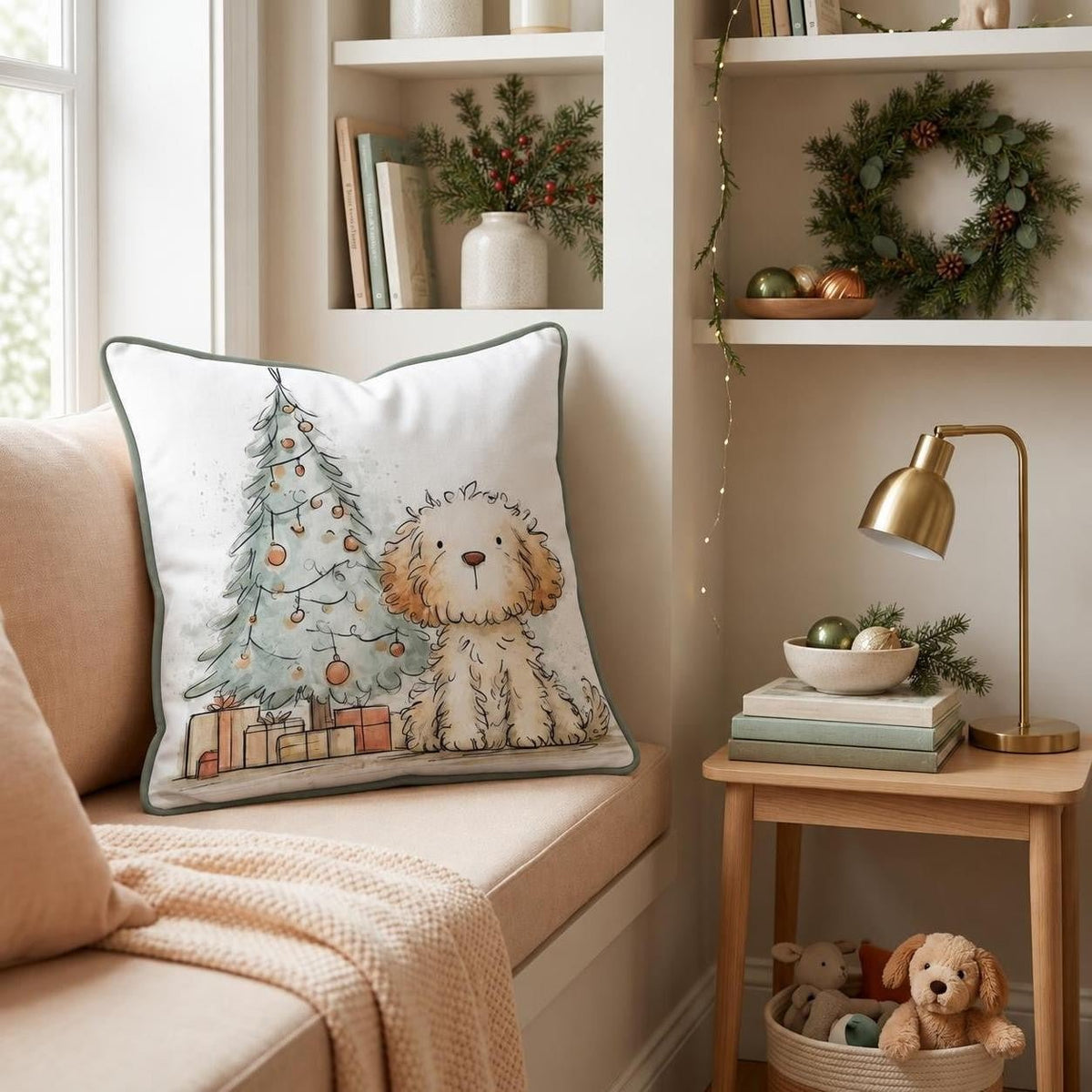 Wating for Puppy Presents Throw Pillow throw pillow - Hillcroft Home