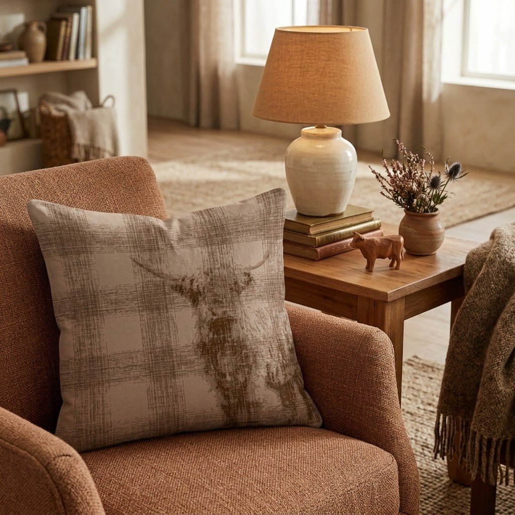 Wee Cow on the Plaid Throw Pillow - Hillcroft Home
