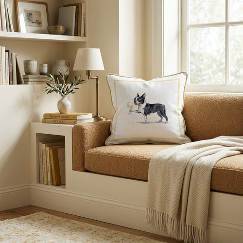 White Wine Boston Terrier Throw Pillow - Hillcroft Home