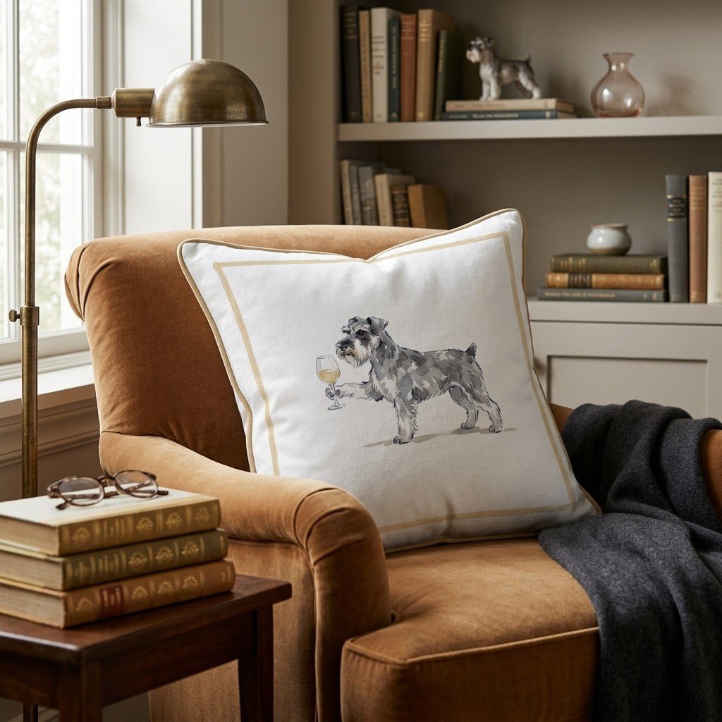 White Wine Miniature Schnauzer Throw Pillow - Hillcroft Home