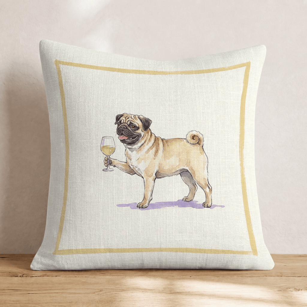 White Wine Pug Throw Pillow - Hillcroft Home