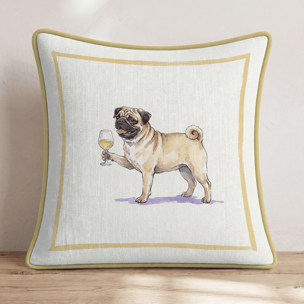 White Wine Pug Throw Pillow - Hillcroft Home