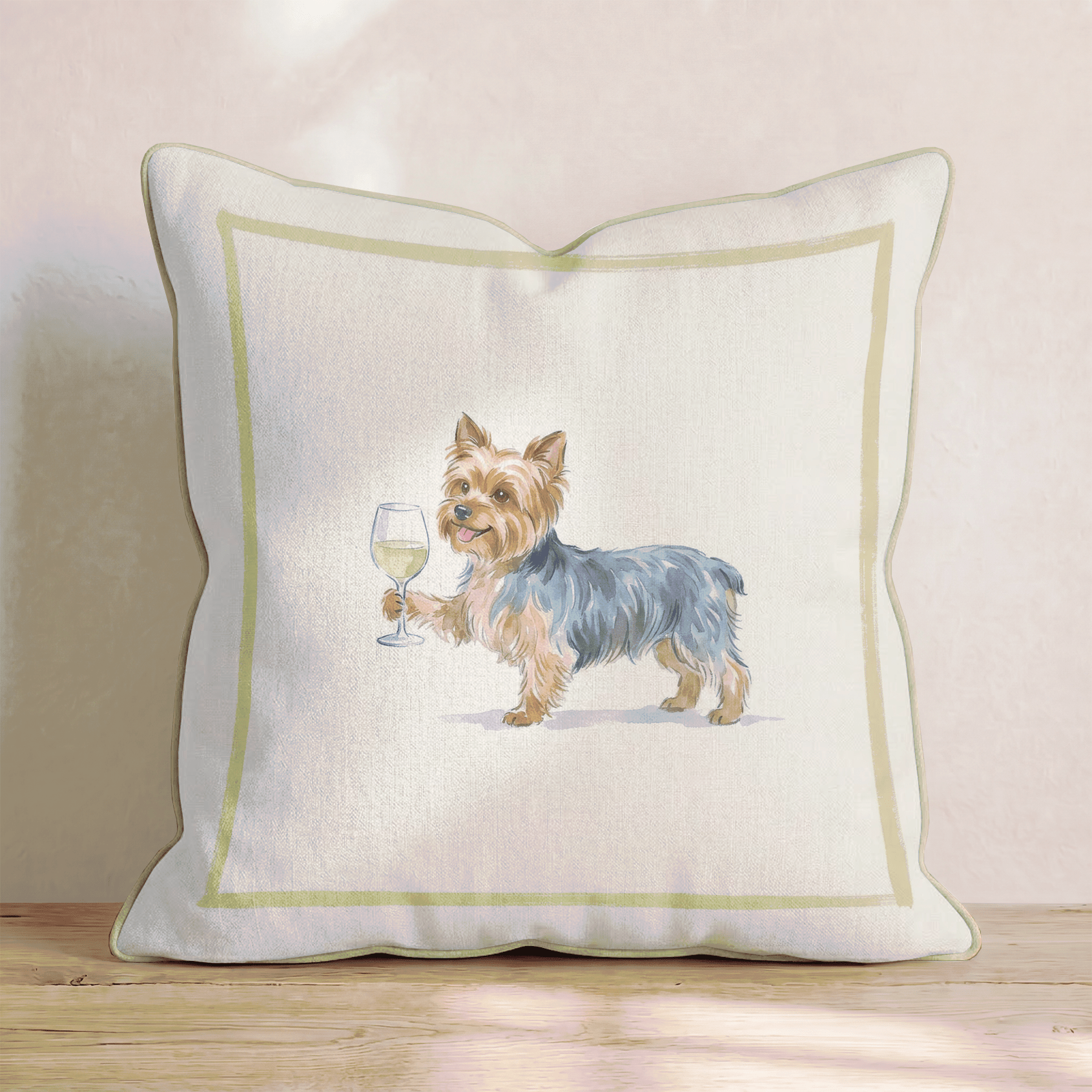 White Wine Yorkshire Terrier Throw Pillow - Hillcroft Home