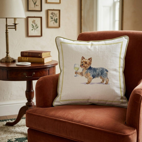 White Wine Yorkshire Terrier Throw Pillow - Hillcroft Home
