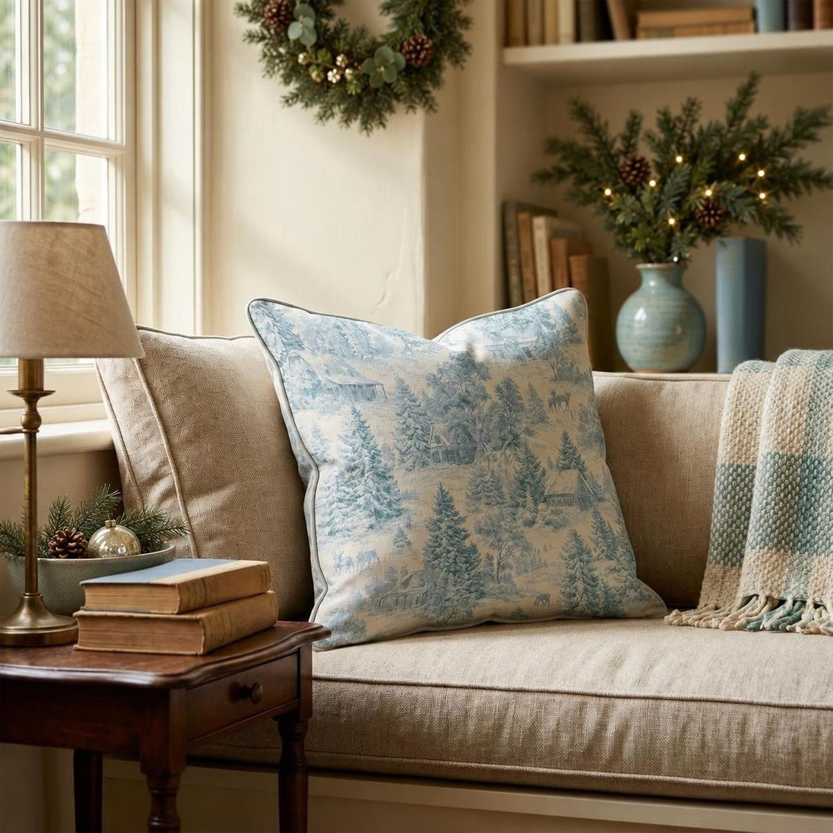 Winter Christmas Toile Throw Pillow throw pillow - Hillcroft Home
