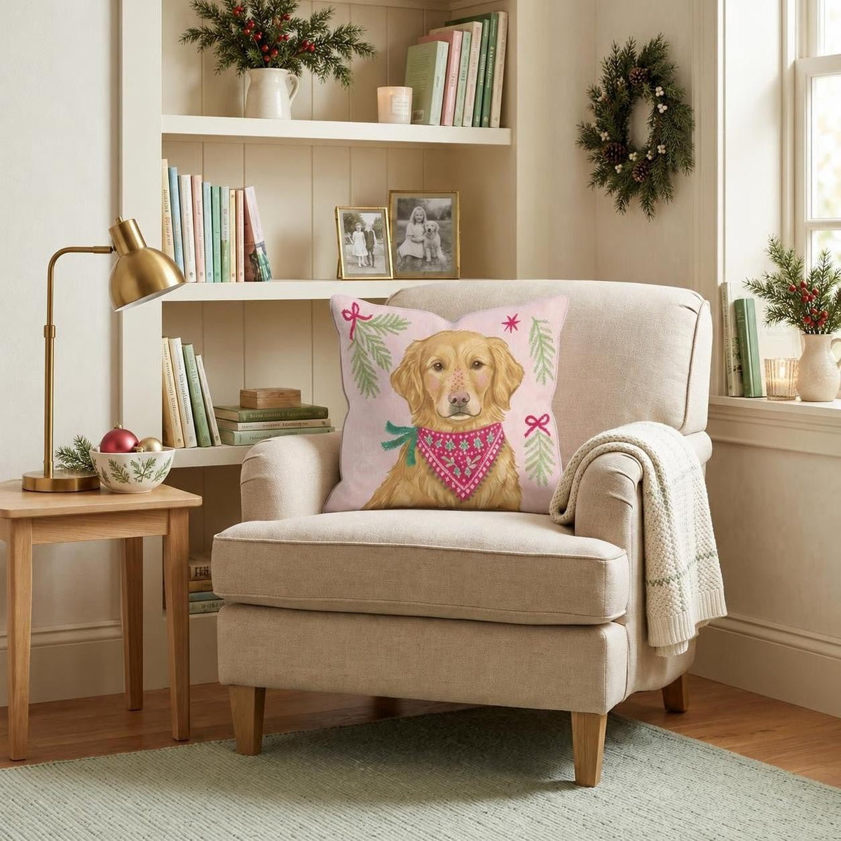 Woodland Bandana Golden Retriever Throw Pillow throw pillow - Hillcroft Home