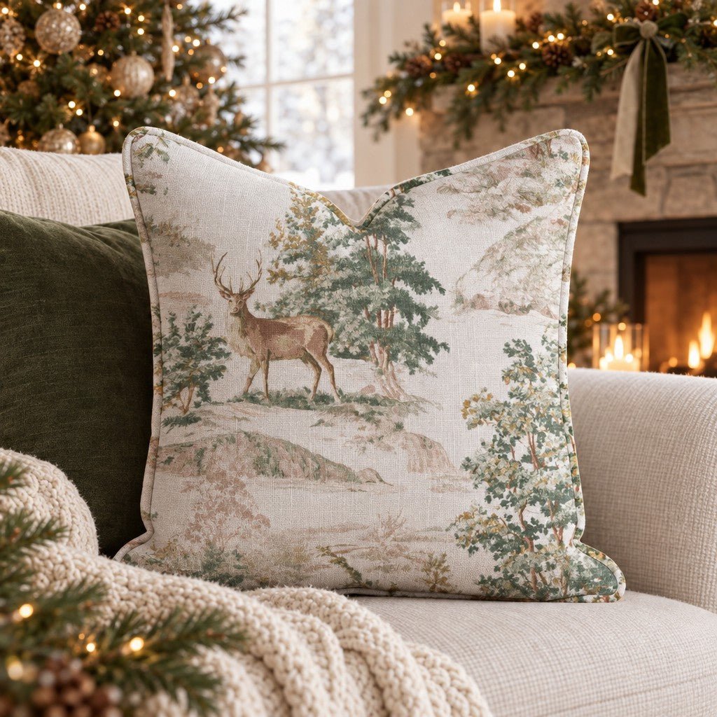 Woodland Stag Toile Throw Pillow throw pillow - Hillcroft Home