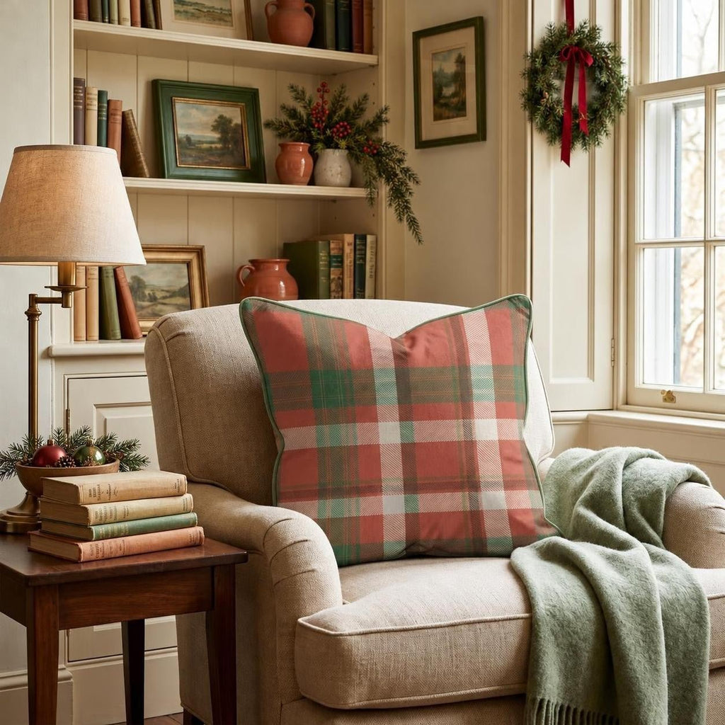 Woven Crimson Tartan Throw Pillow throw pillow - Hillcroft Home