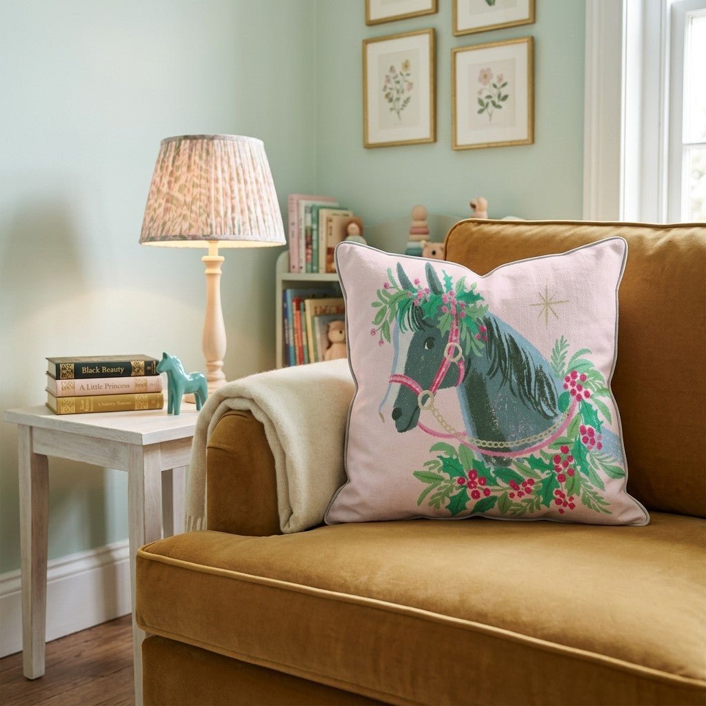Wreathed Carriage Horse Throw Pillow - Hillcroft Home