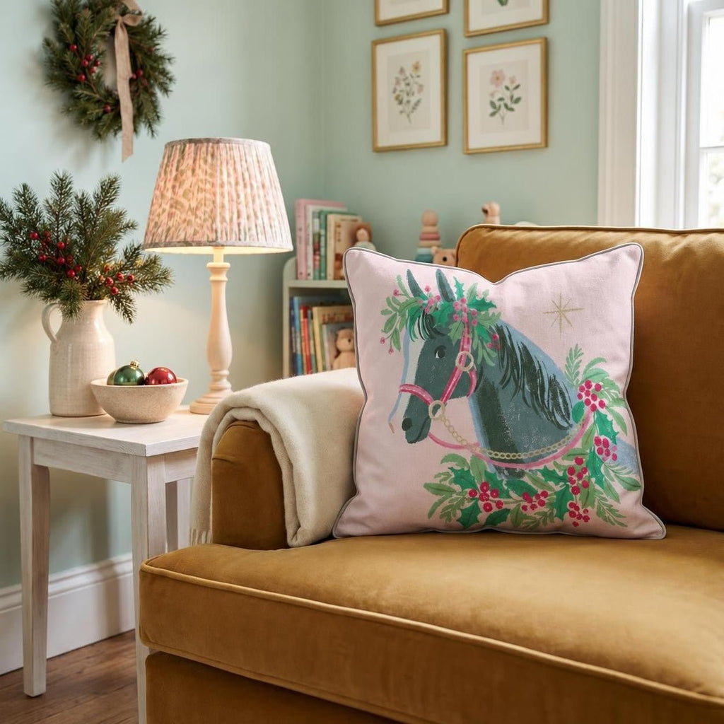Wreathed Carriage Horse Throw Pillow throw pillow - Hillcroft Home