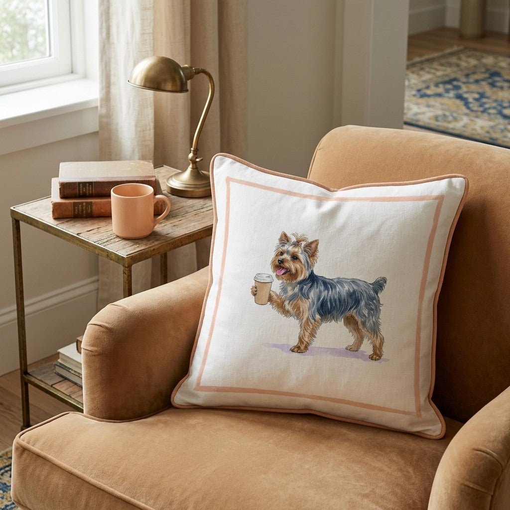 Yorkie Coffee Throw Pillow - Hillcroft Home