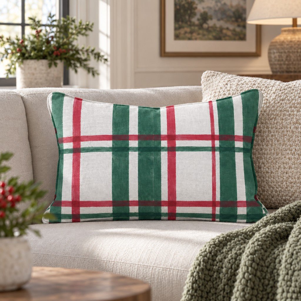 Yuletide Tartan Peacock Throw Pillow throw pillow - Hillcroft Home